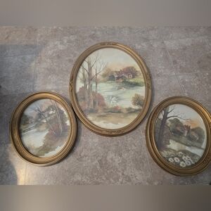 3 Framed Prints Of FRANK MASSA Painting Lake Cottage Swan Trees Vintage 1980's